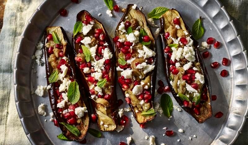 Stuffed aubergine with feta and pomegranate